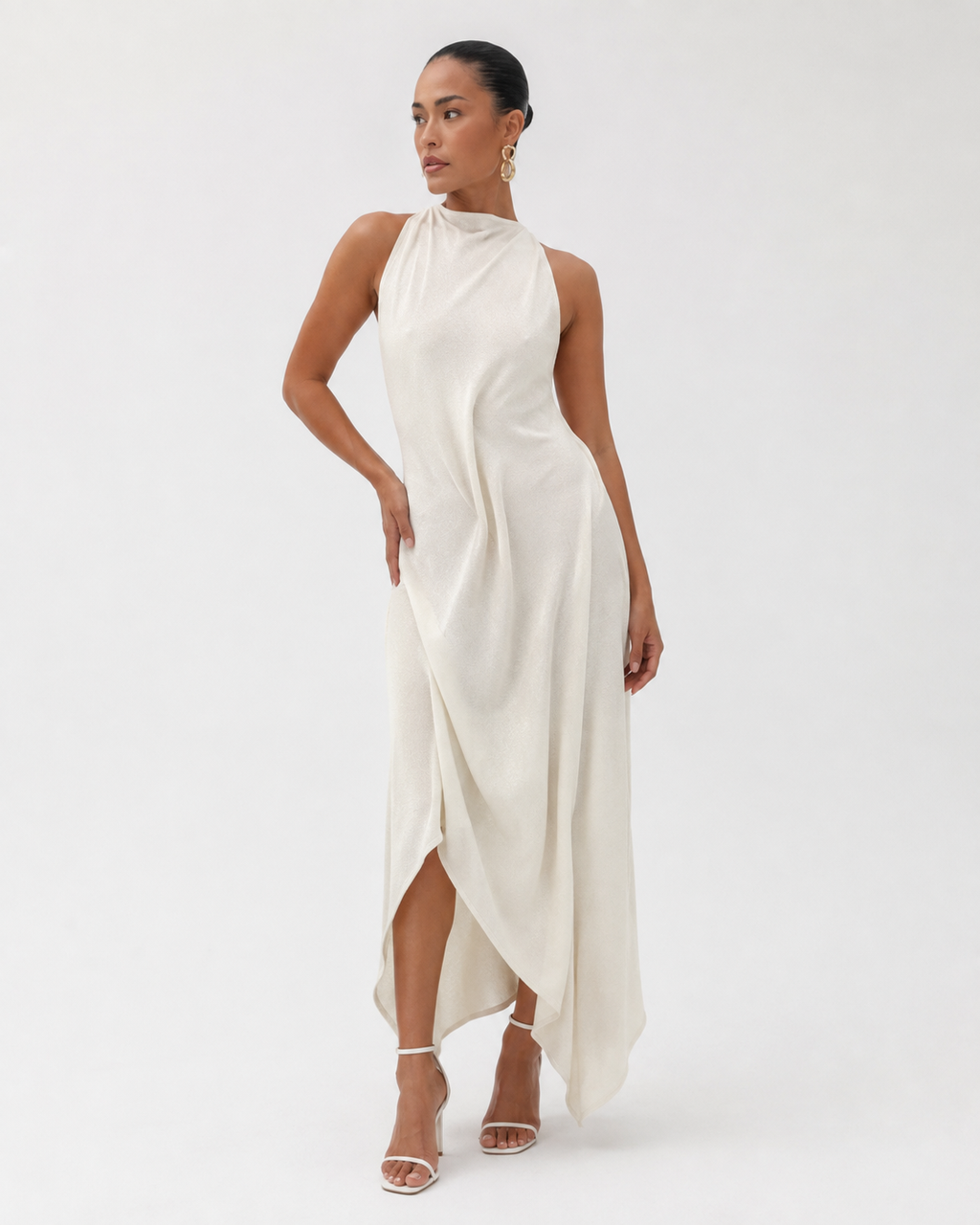 Ruched Halter Ruffle Maxi Dress