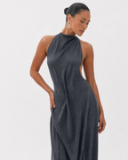 Ruched Halter Ruffle Maxi Dress