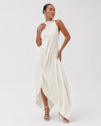 Ruched Halter Ruffle Maxi Dress
