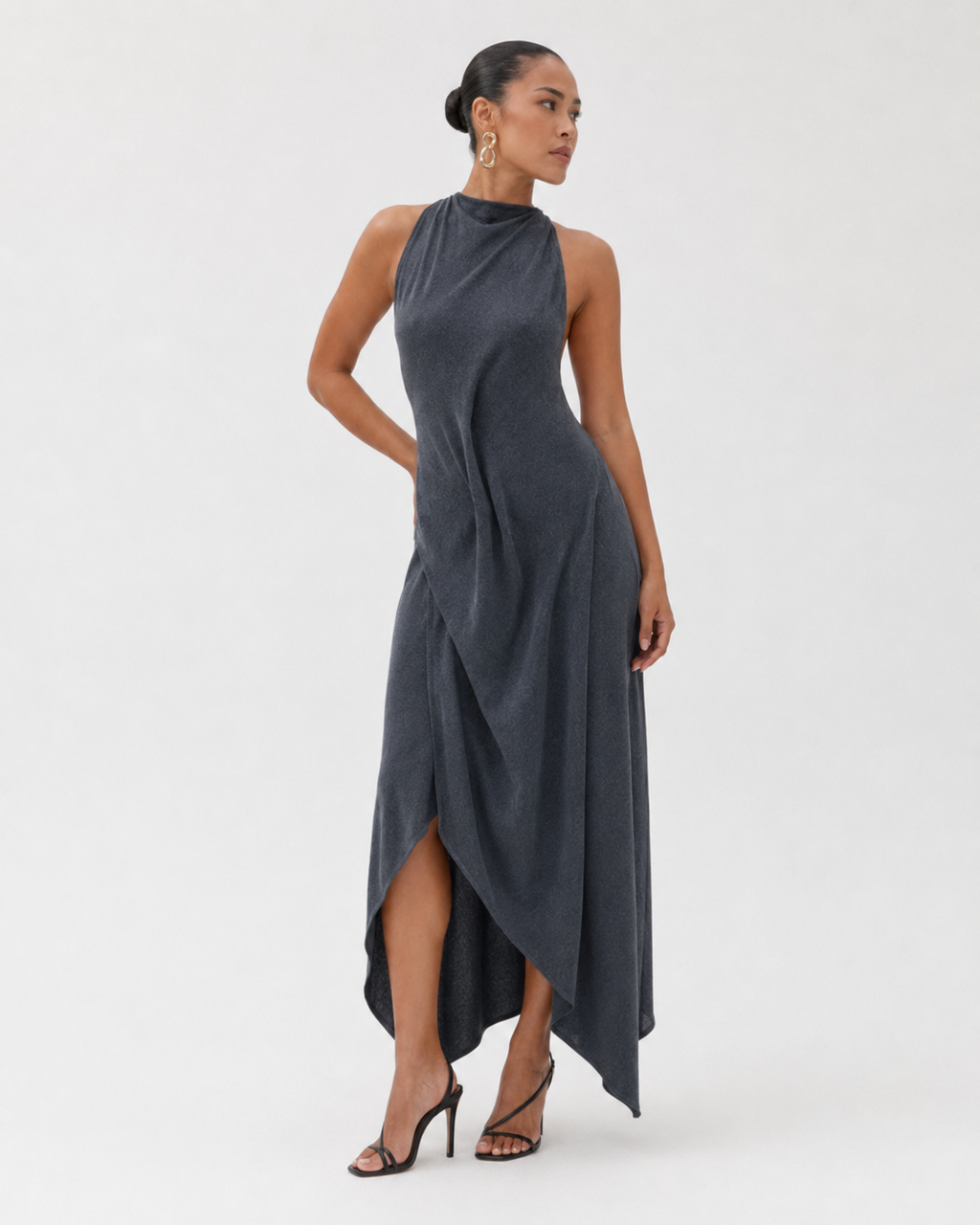 Ruched Halter Ruffle Maxi Dress