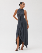 Ruched Halter Ruffle Maxi Dress