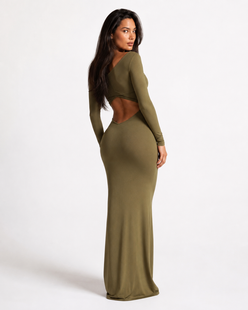 Jewelled-Waist Cut-Out Long-Sleeve Maxi Dress