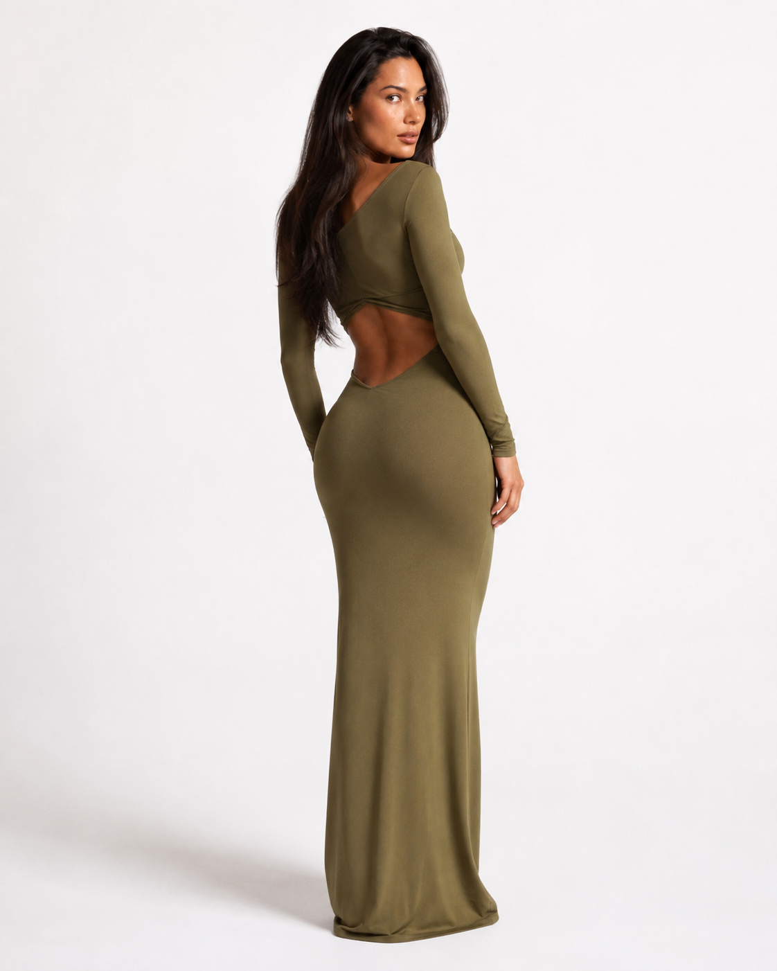 Jewelled-Waist Cut-Out Long-Sleeve Maxi Dress