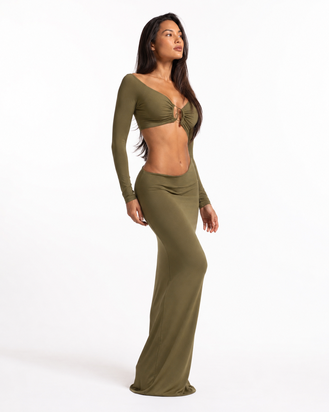 Jewelled-Waist Cut-Out Long-Sleeve Maxi Dress
