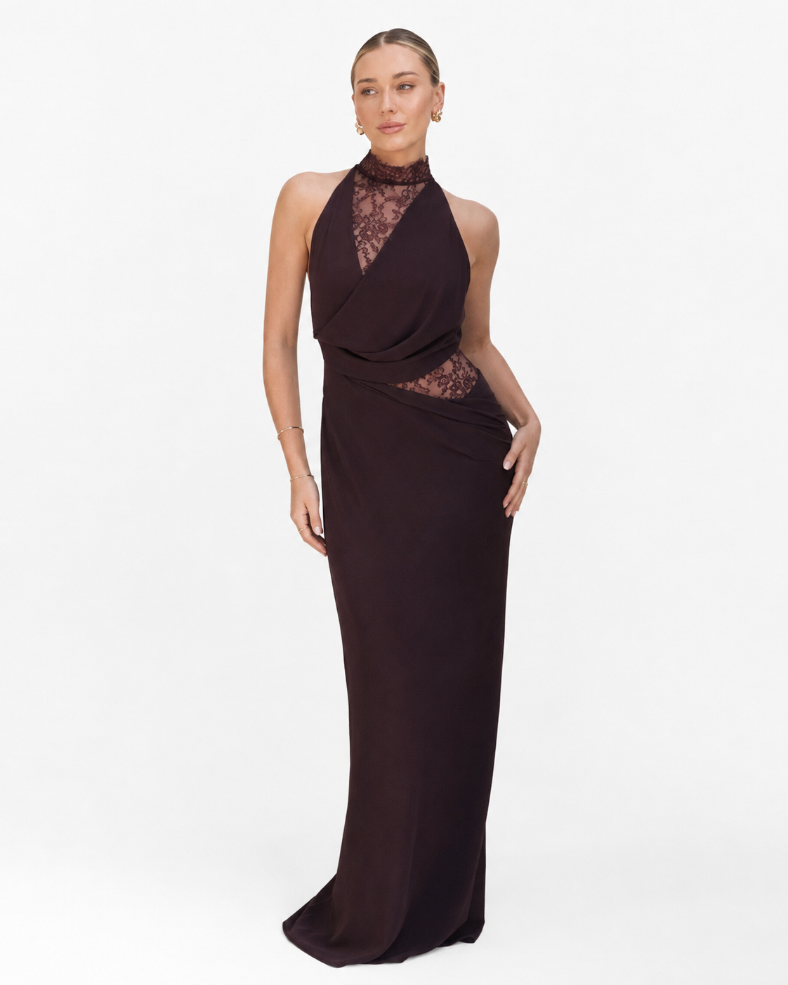Lace-Panel Draped Halter Maxi Dress
