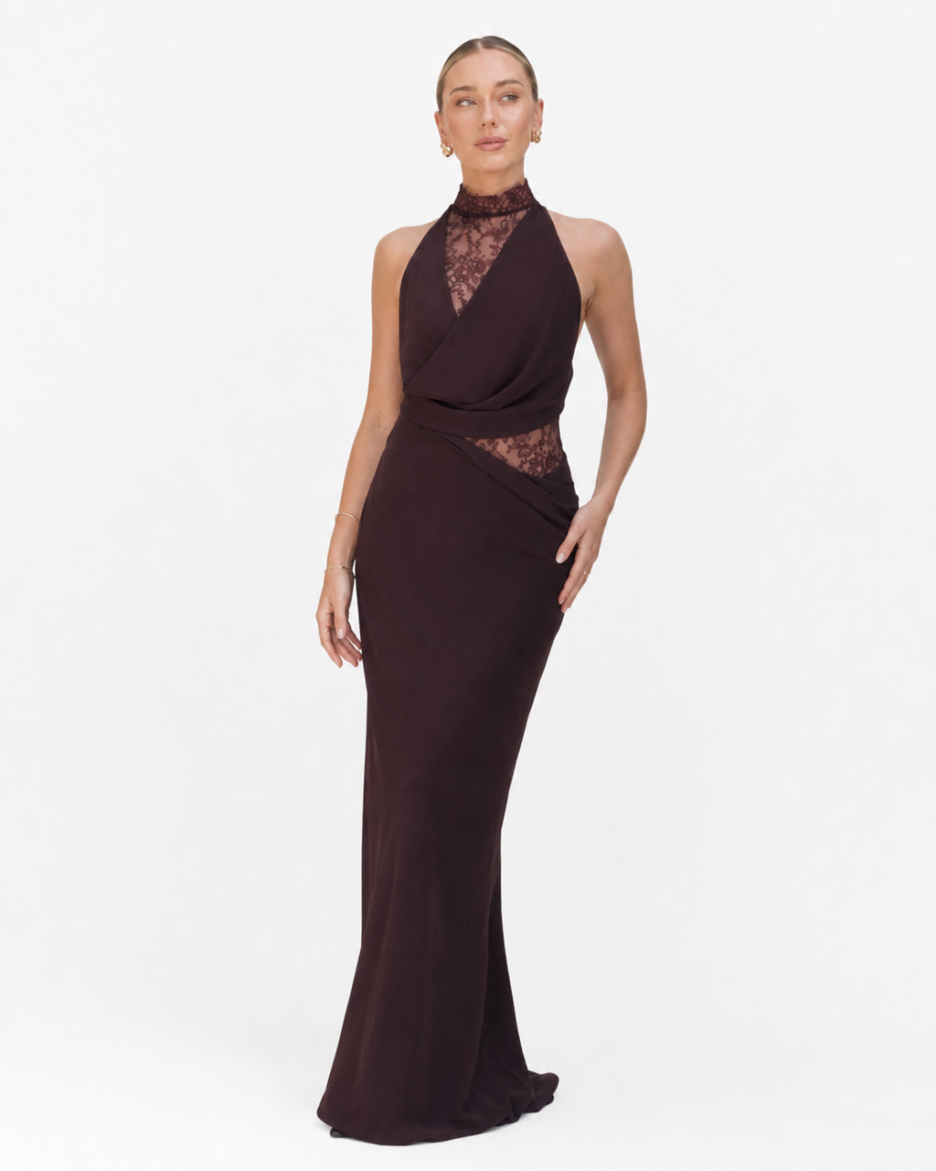 Lace-Panel Draped Halter Maxi Dress