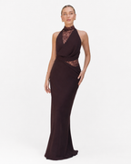Lace-Panel Draped Halter Maxi Dress