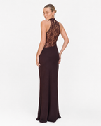 Lace-Panel Draped Halter Maxi Dress