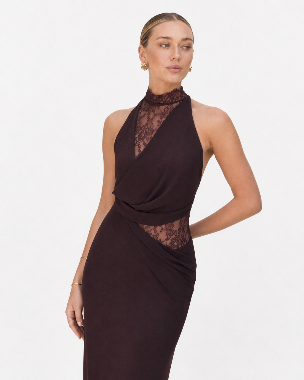 Lace-Panel Draped Halter Maxi Dress