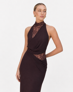Lace-Panel Draped Halter Maxi Dress