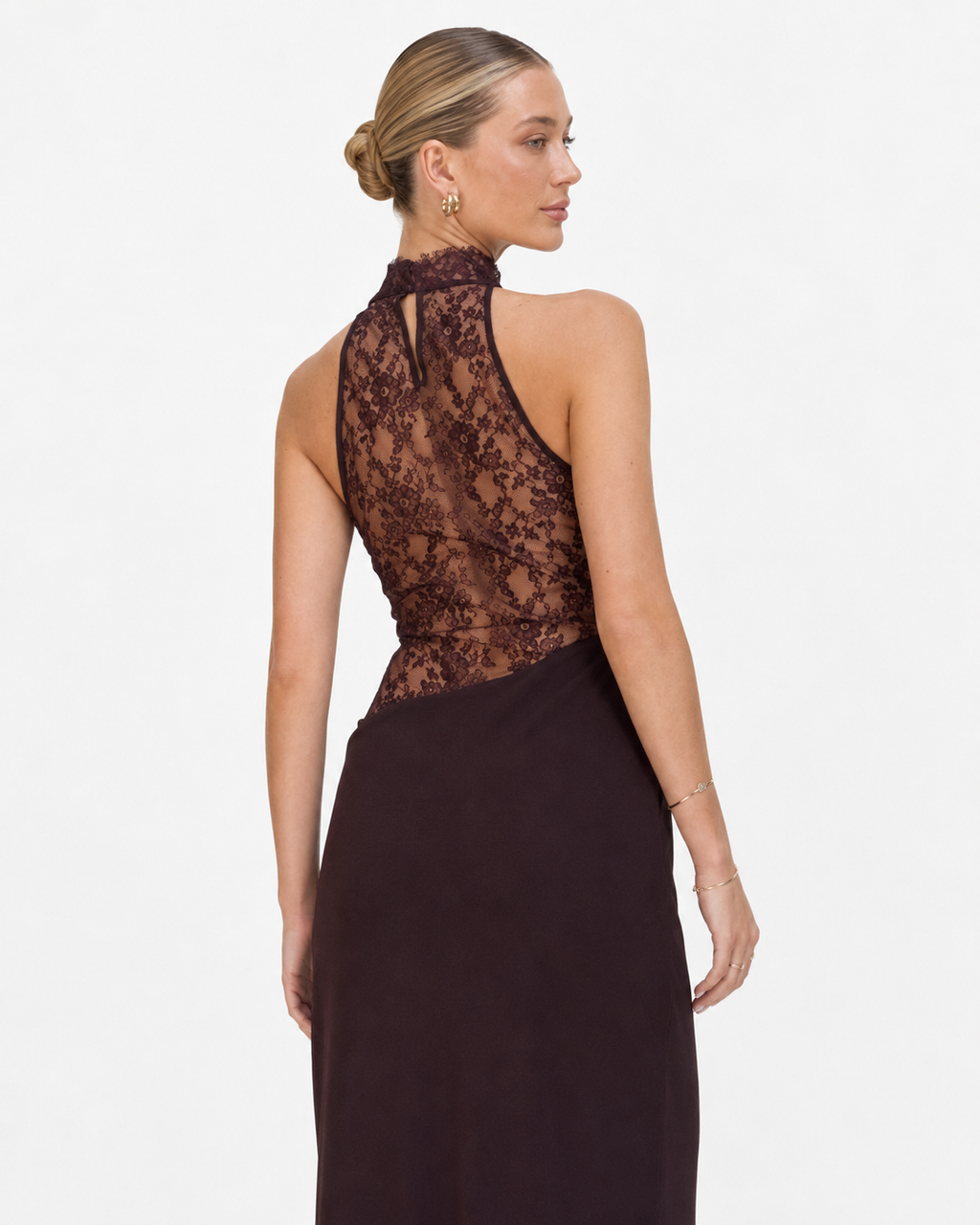 Lace-Panel Draped Halter Maxi Dress