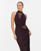 Lace-Panel Draped Halter Maxi Dress