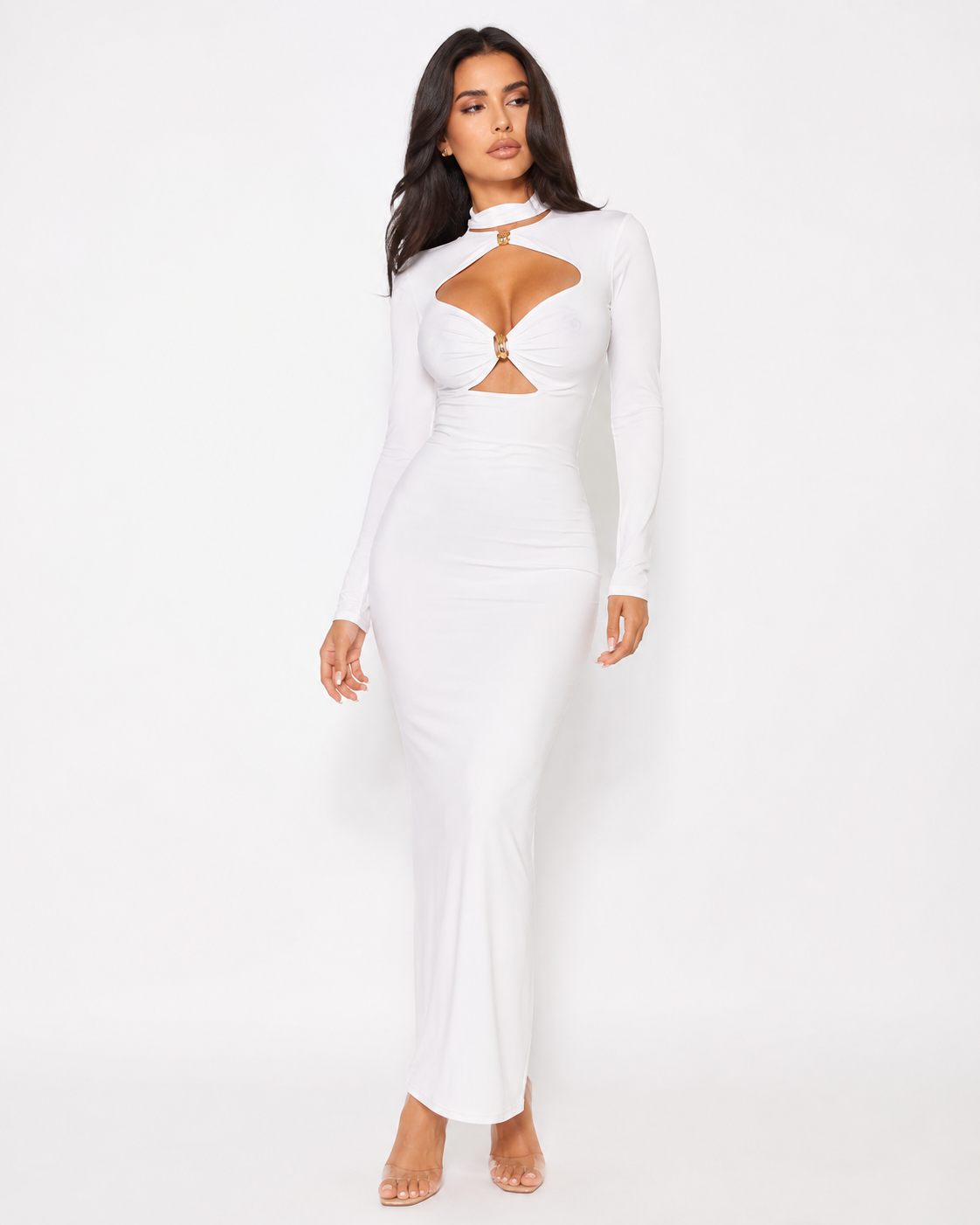 High-Neck Cut-Out Long-Sleeve Maxi Dress