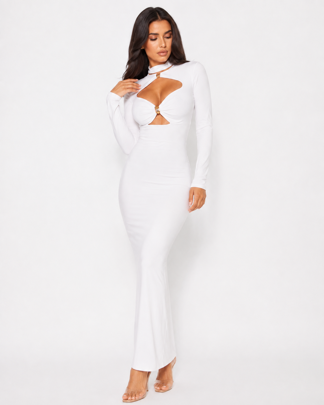 High-Neck Cut-Out Long-Sleeve Maxi Dress