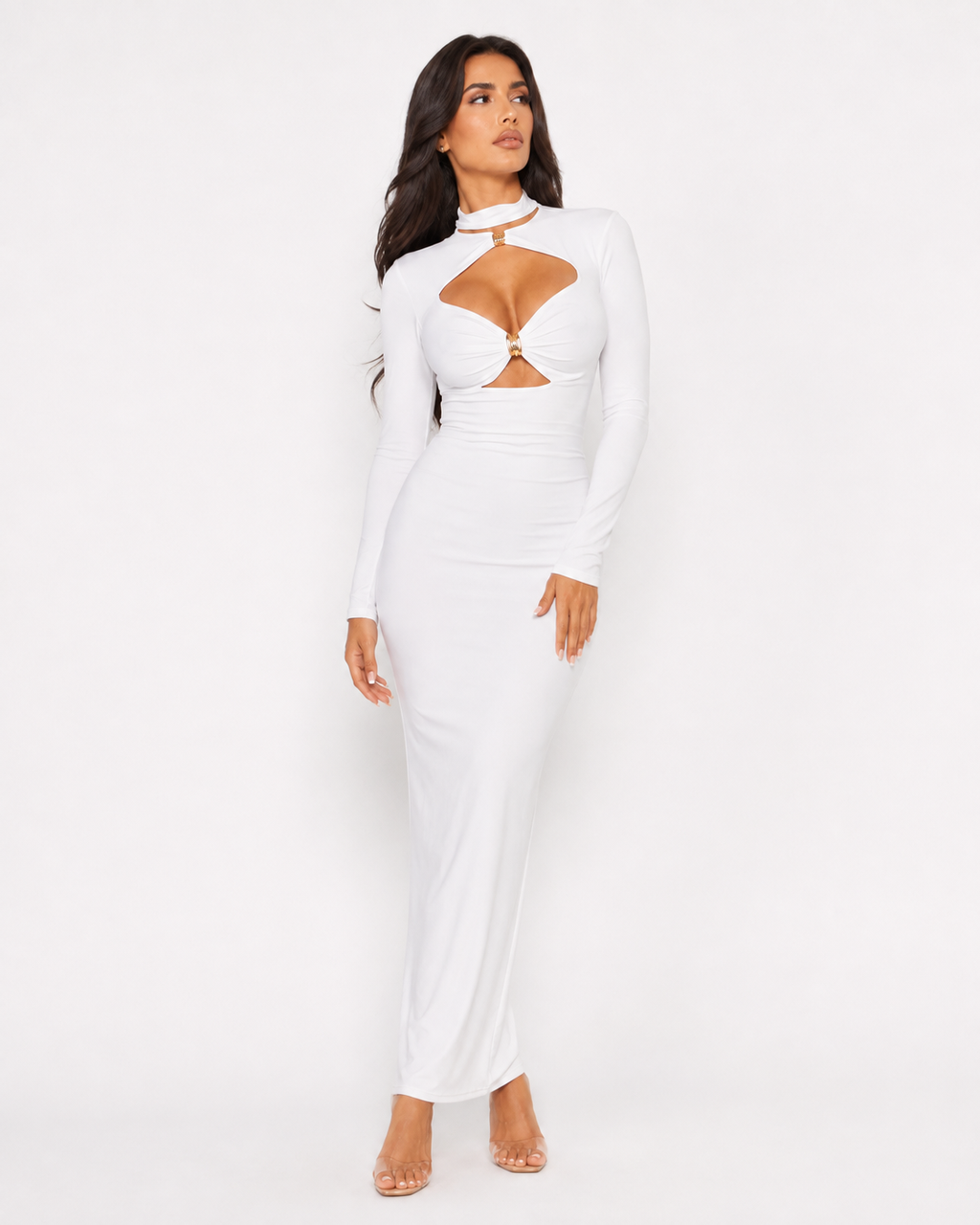 High-Neck Cut-Out Long-Sleeve Maxi Dress