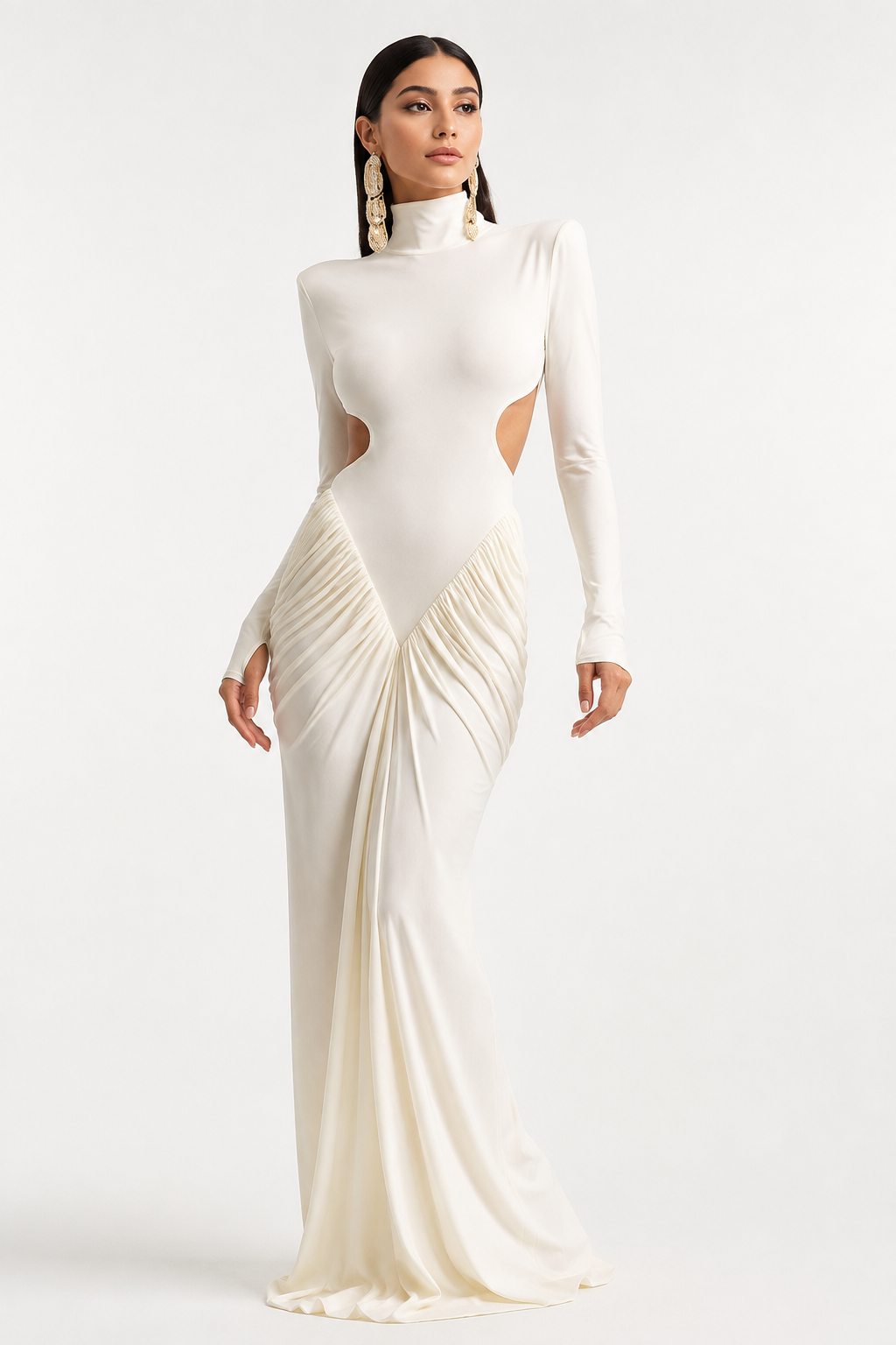 High-Neck Open-Back Long-Sleeve Maxi Dress