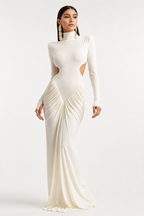 High-Neck Open-Back Long-Sleeve Maxi Dress