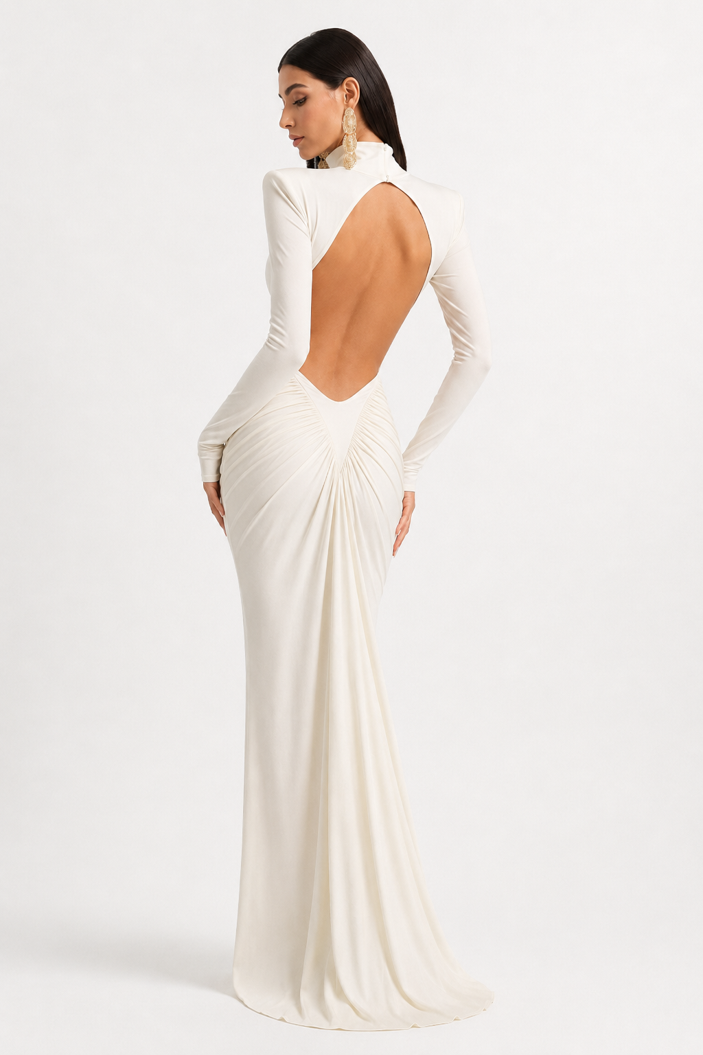 High-Neck Open-Back Long-Sleeve Maxi Dress