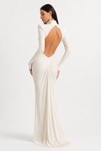 High-Neck Open-Back Long-Sleeve Maxi Dress