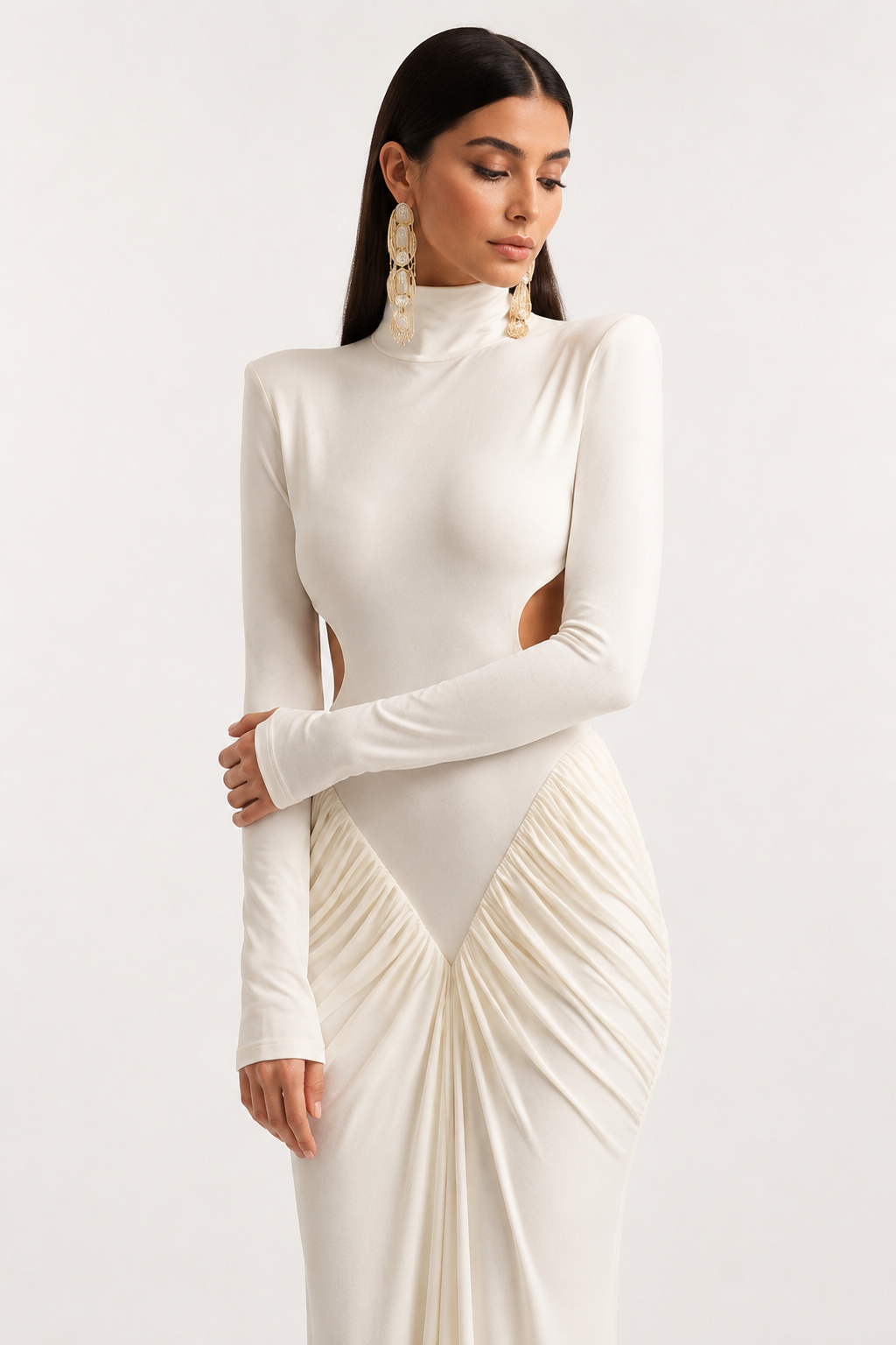 High-Neck Open-Back Long-Sleeve Maxi Dress