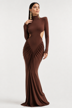 High-Neck Open-Back Long-Sleeve Maxi Dress