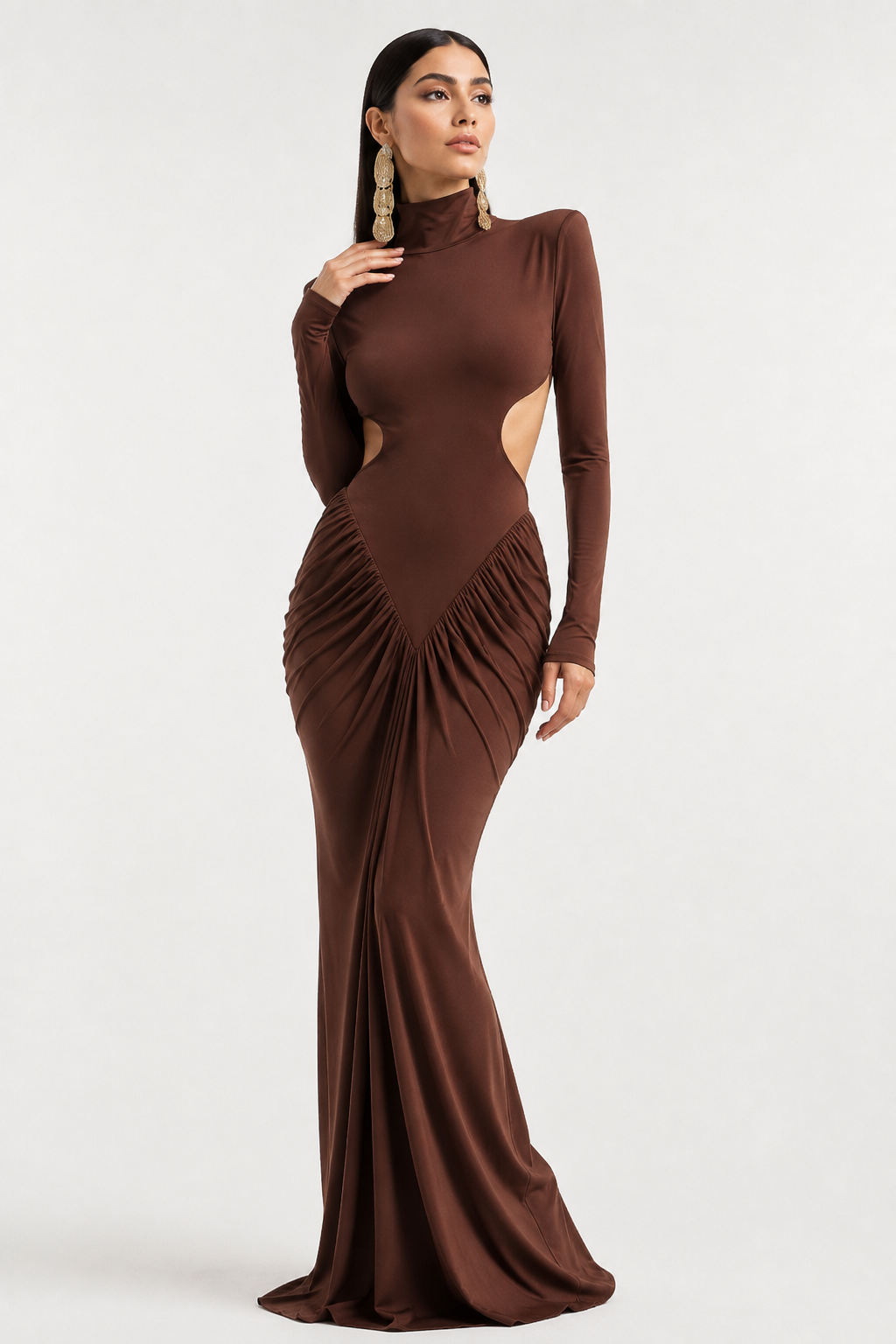 High-Neck Open-Back Long-Sleeve Maxi Dress
