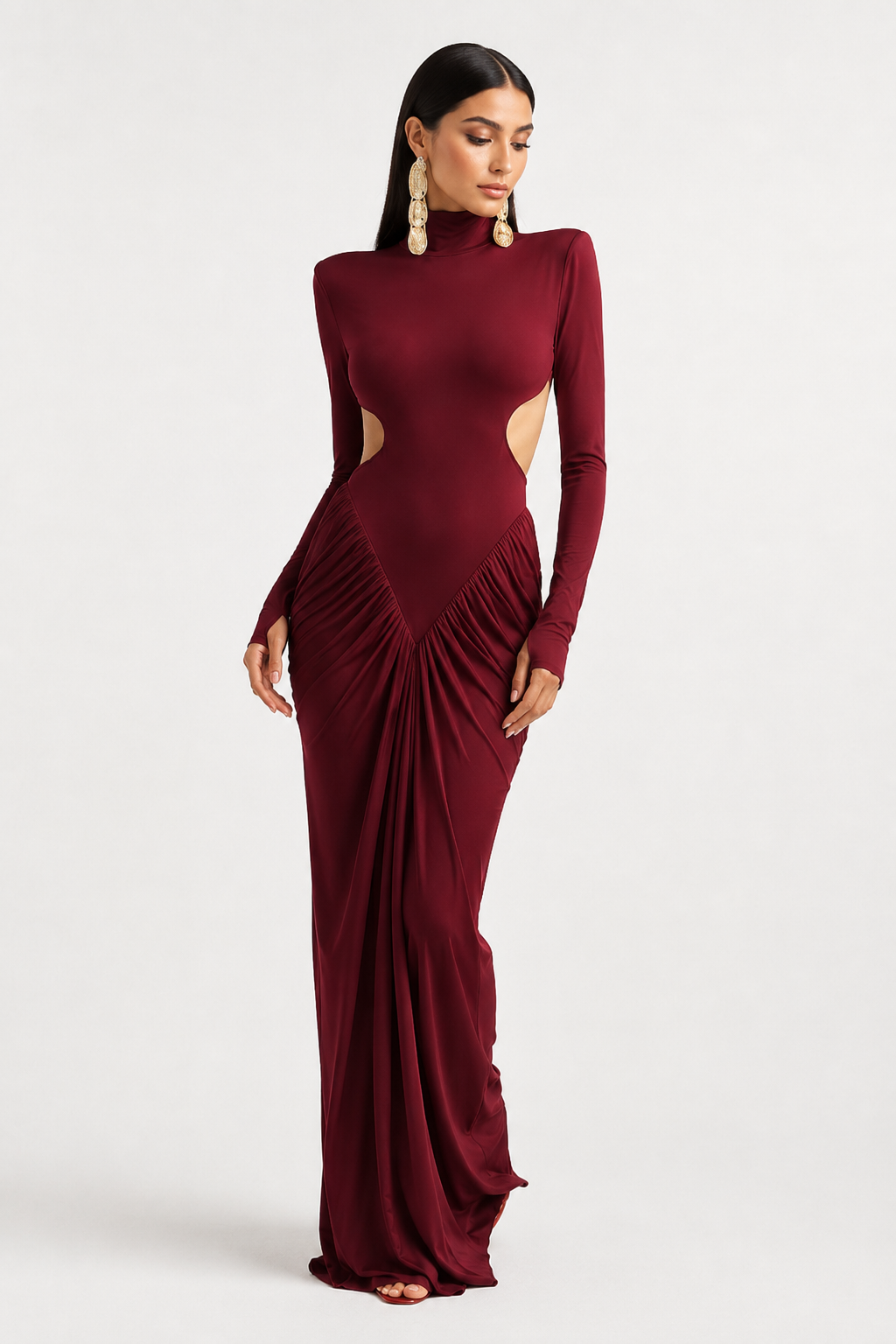 High-Neck Open-Back Long-Sleeve Maxi Dress