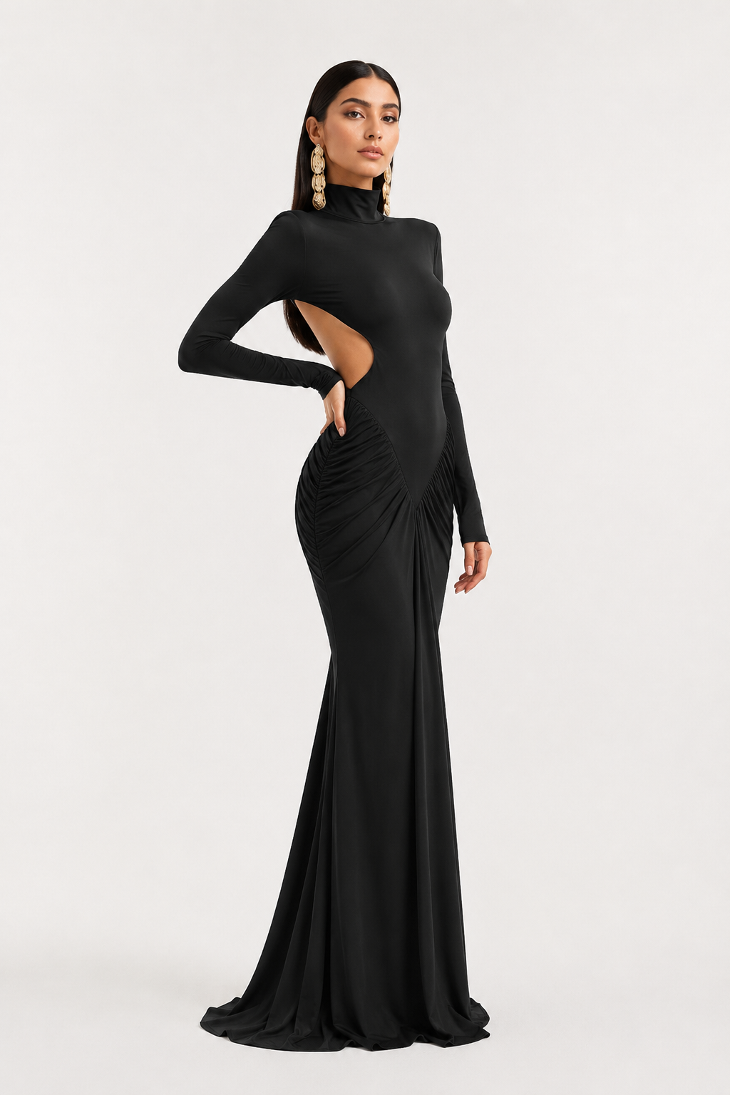High-Neck Open-Back Long-Sleeve Maxi Dress