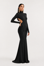 High-Neck Open-Back Long-Sleeve Maxi Dress