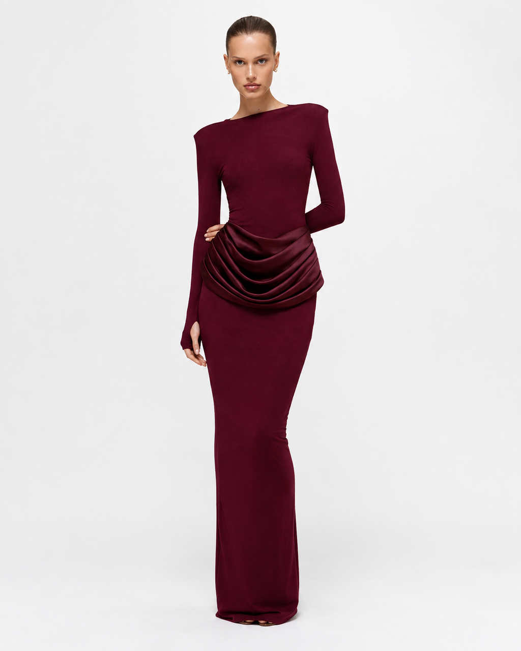 Ruched Long-Sleeve Split Maxi Dress