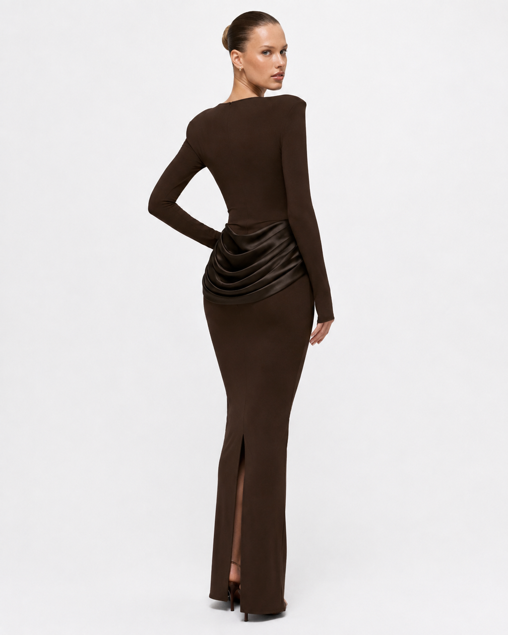 Ruched Long-Sleeve Split Maxi Dress