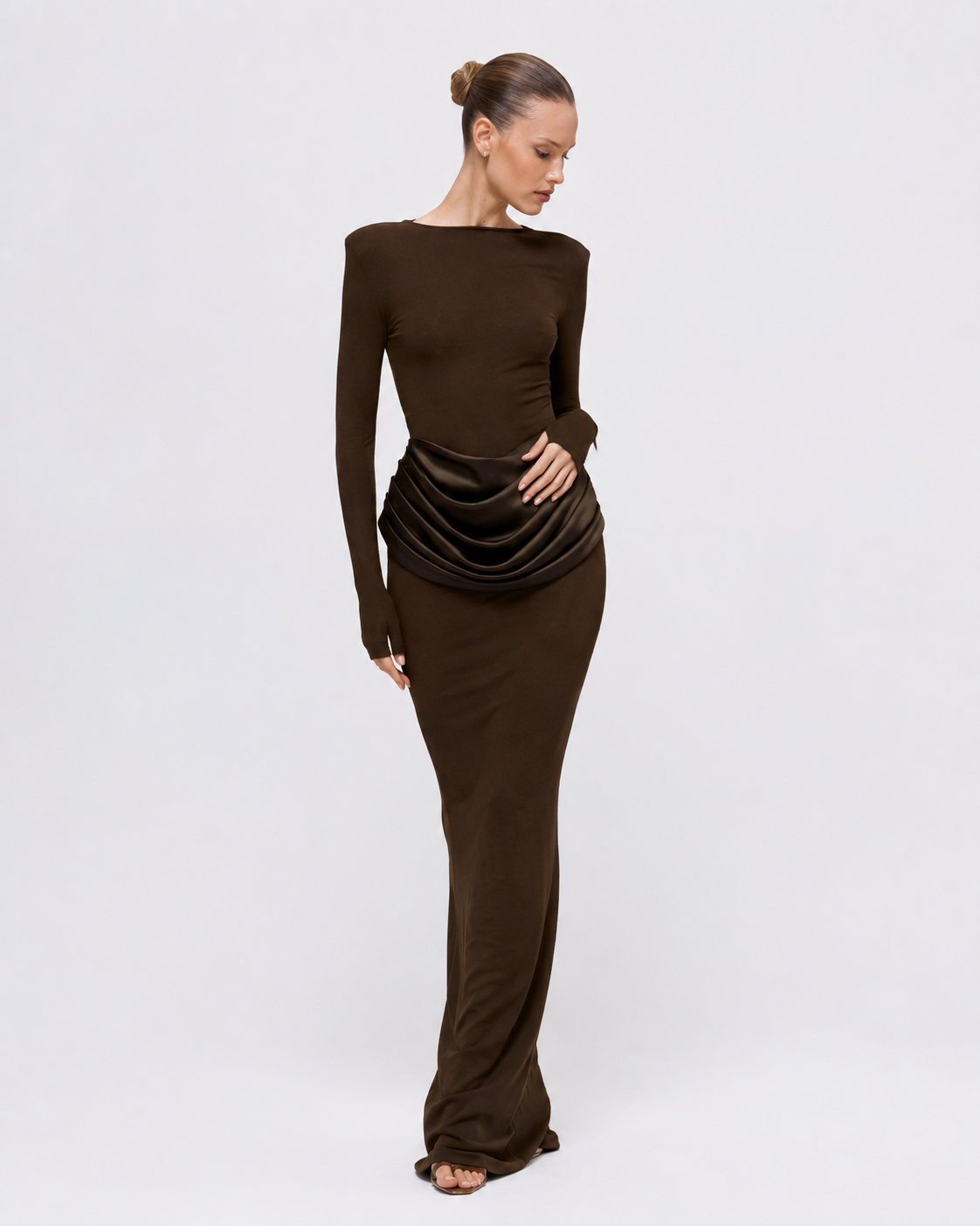 Ruched Long-Sleeve Split Maxi Dress
