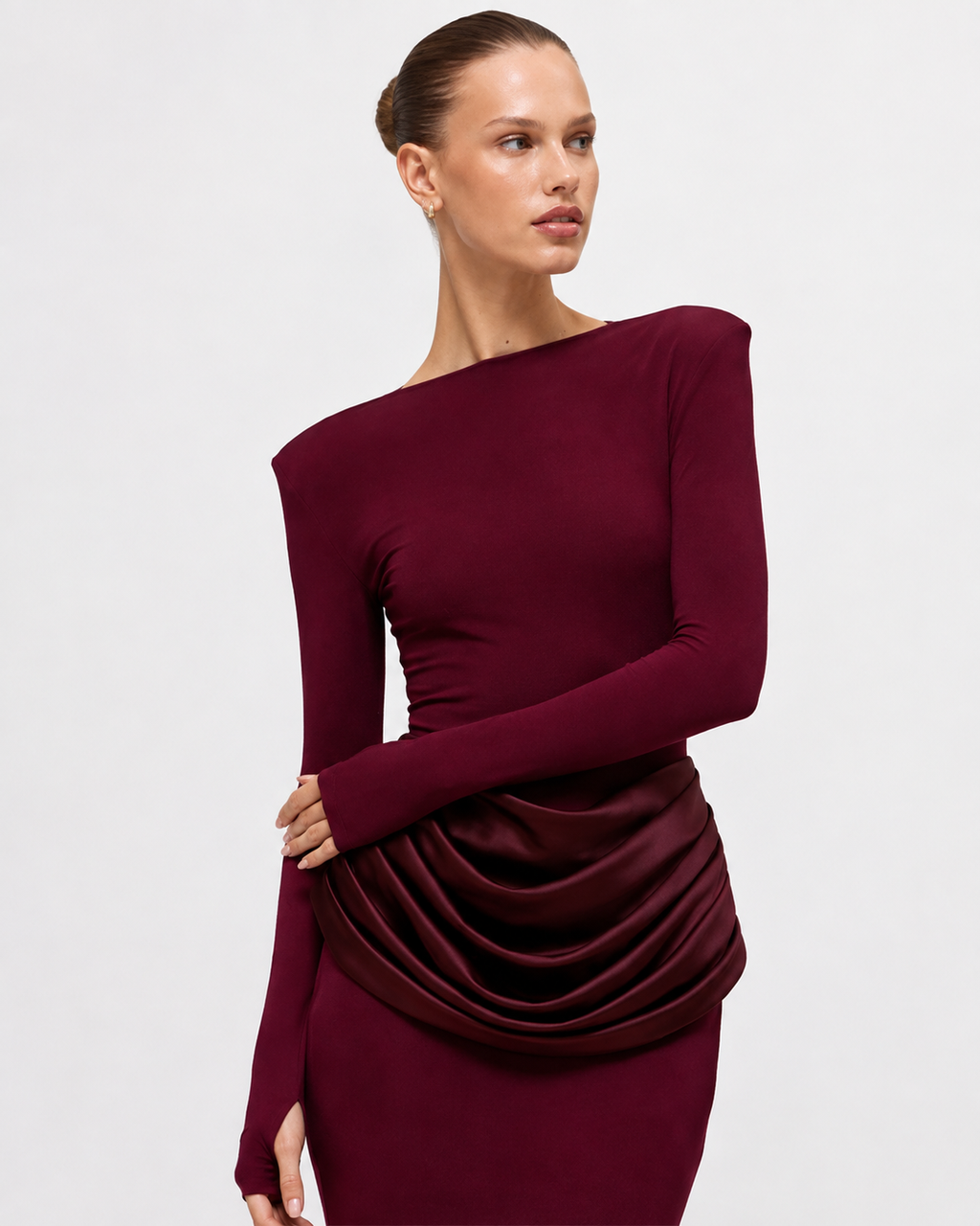 Ruched Long-Sleeve Split Maxi Dress