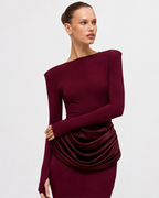 Ruched Long-Sleeve Split Maxi Dress