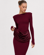 Ruched Long-Sleeve Split Maxi Dress