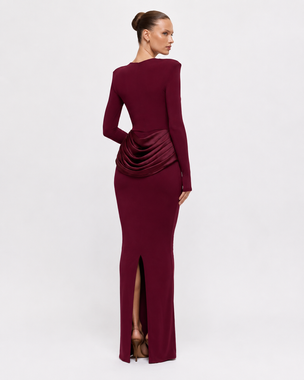 Ruched Long-Sleeve Split Maxi Dress