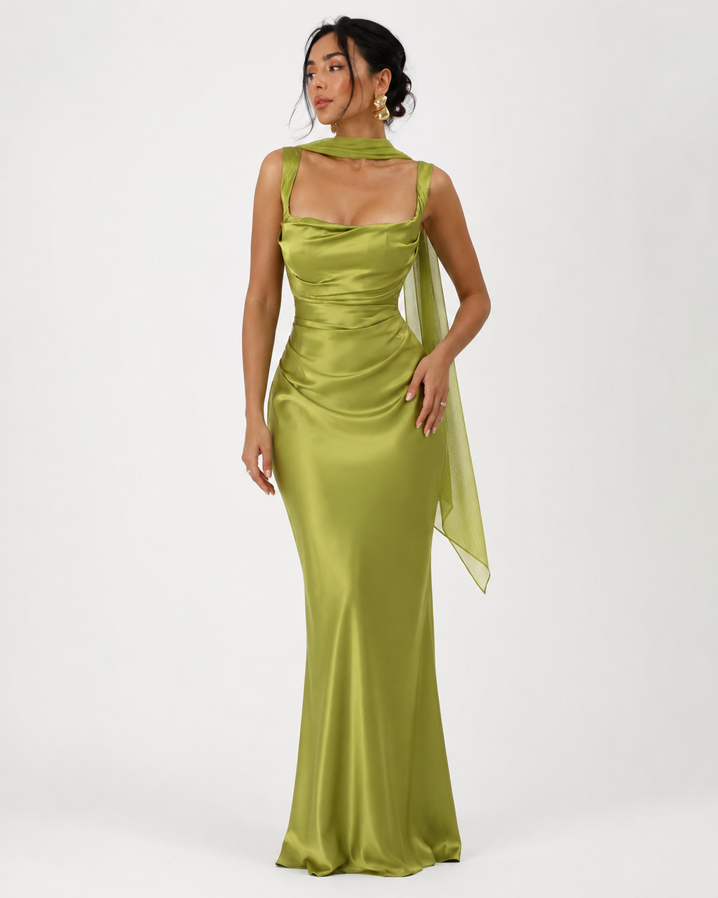 Cowl-Neck Ribbon-Back Maxi Dress
