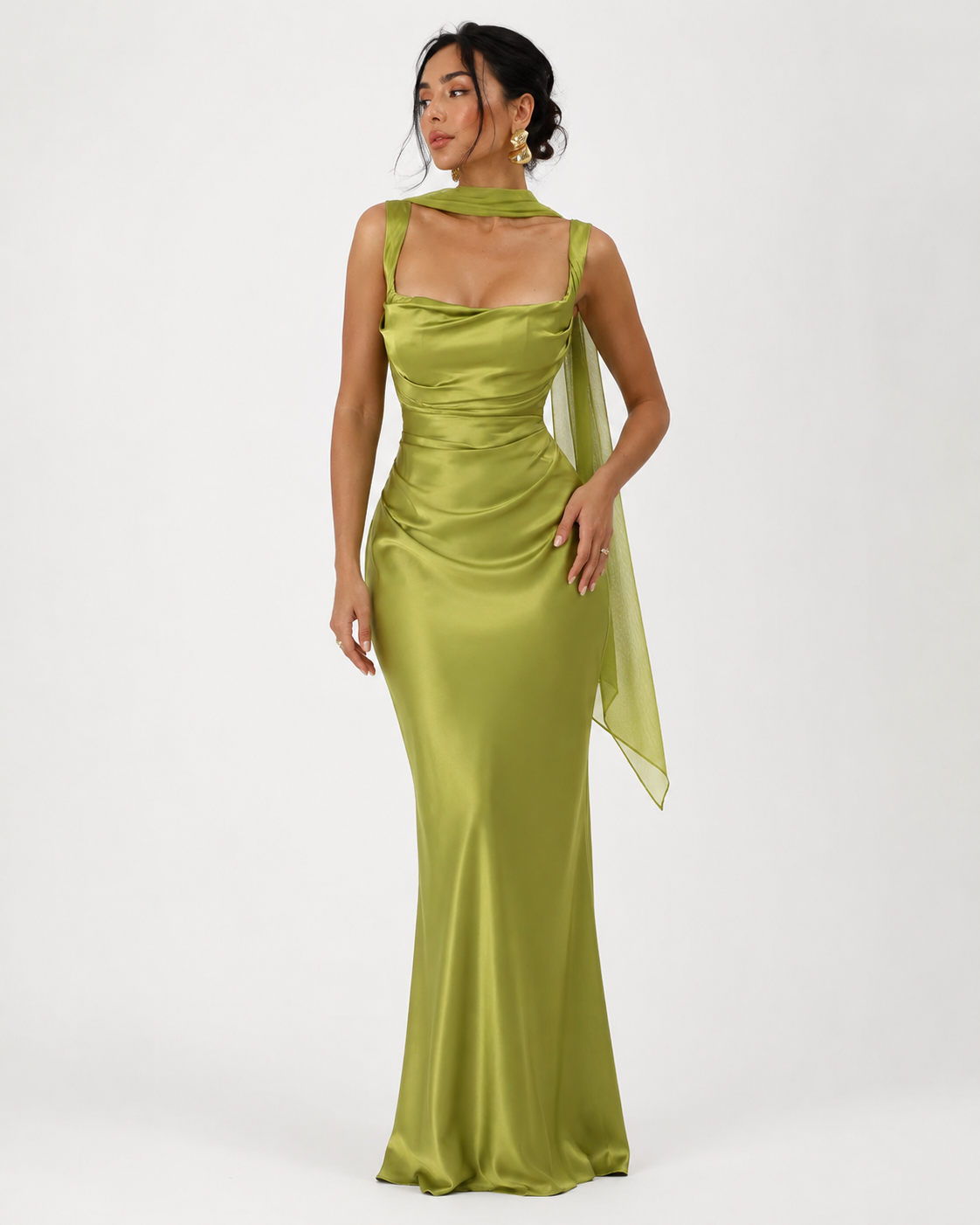 Cowl-Neck Ribbon-Back Maxi Dress