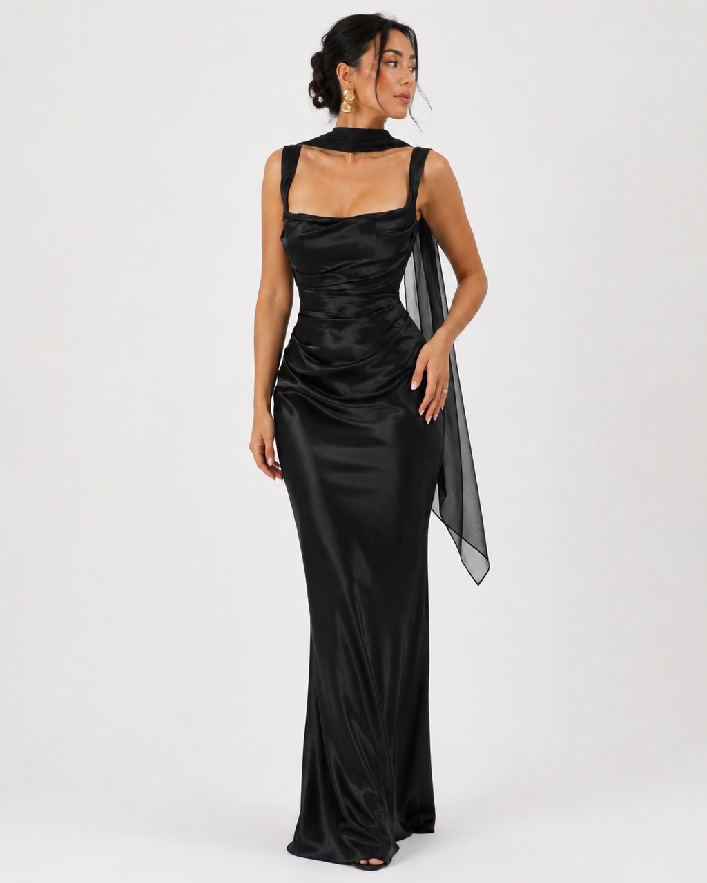 Cowl-Neck Ribbon-Back Maxi Dress