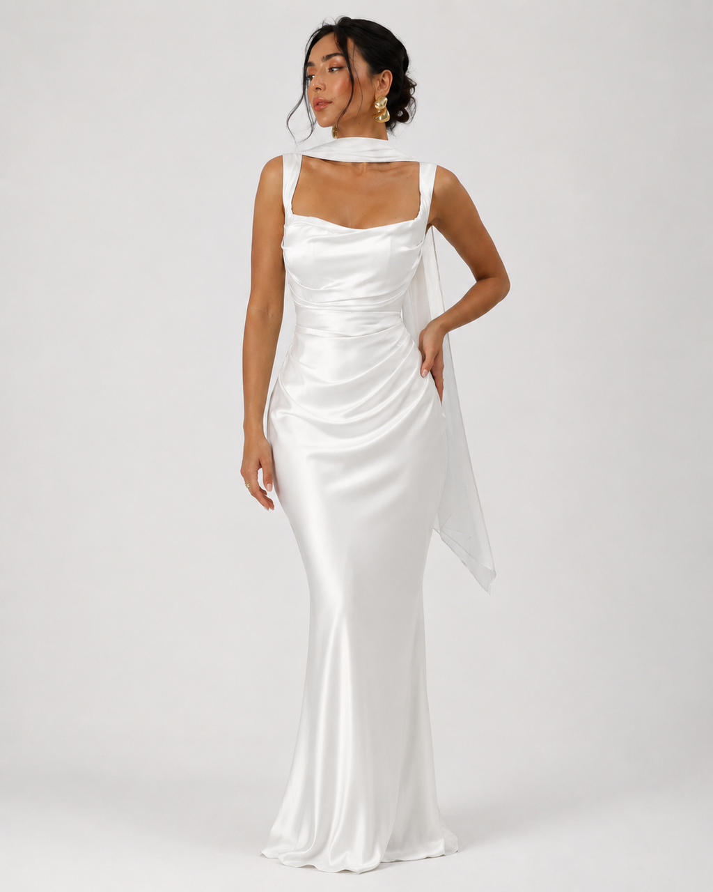 Cowl-Neck Ribbon-Back Maxi Dress