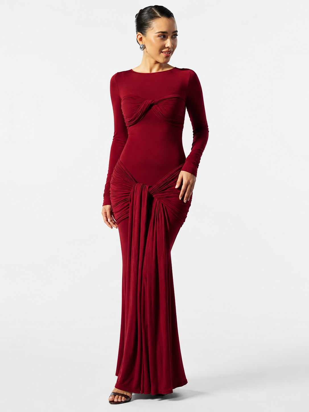 Twist-Front Cut-Out Long-Sleeve Maxi Dress