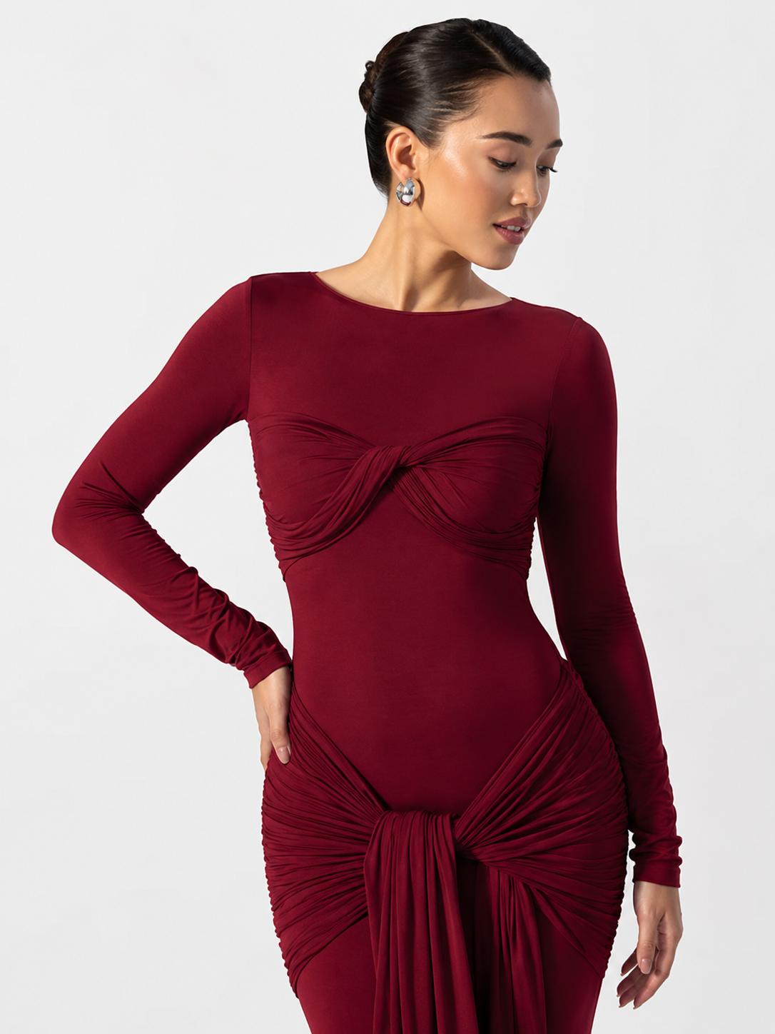 Twist-Front Cut-Out Long-Sleeve Maxi Dress