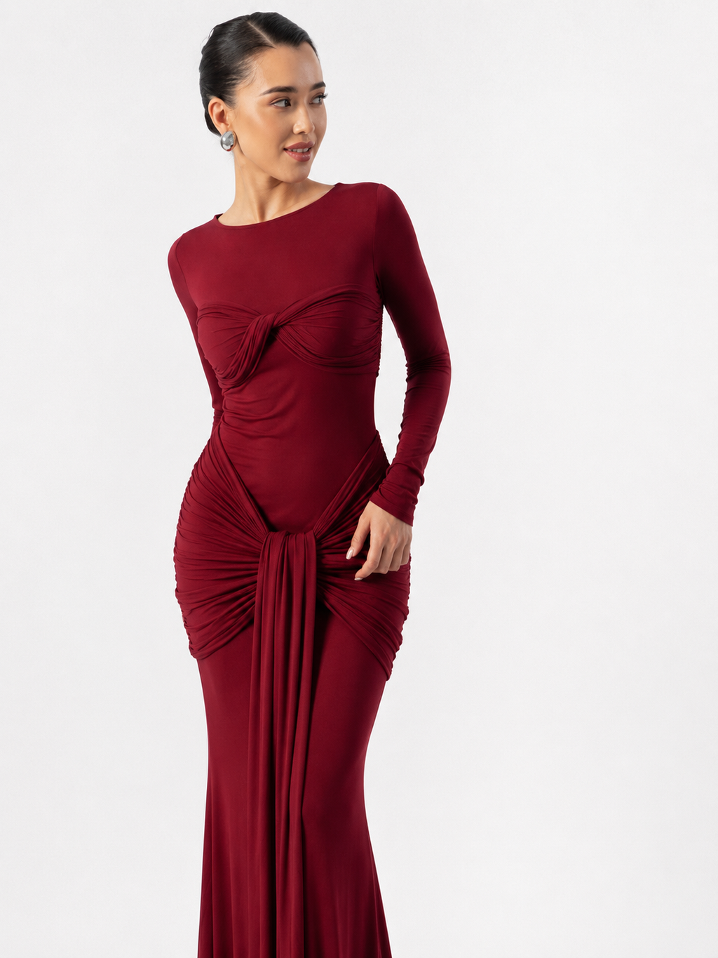 Twist-Front Cut-Out Long-Sleeve Maxi Dress