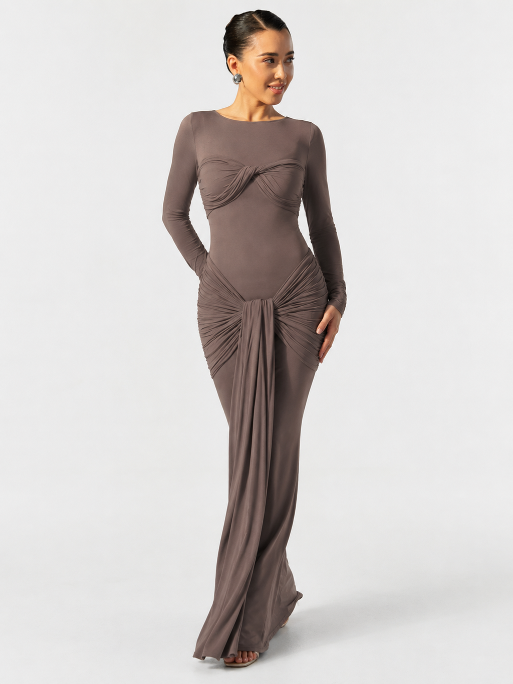 Twist-Front Cut-Out Long-Sleeve Maxi Dress