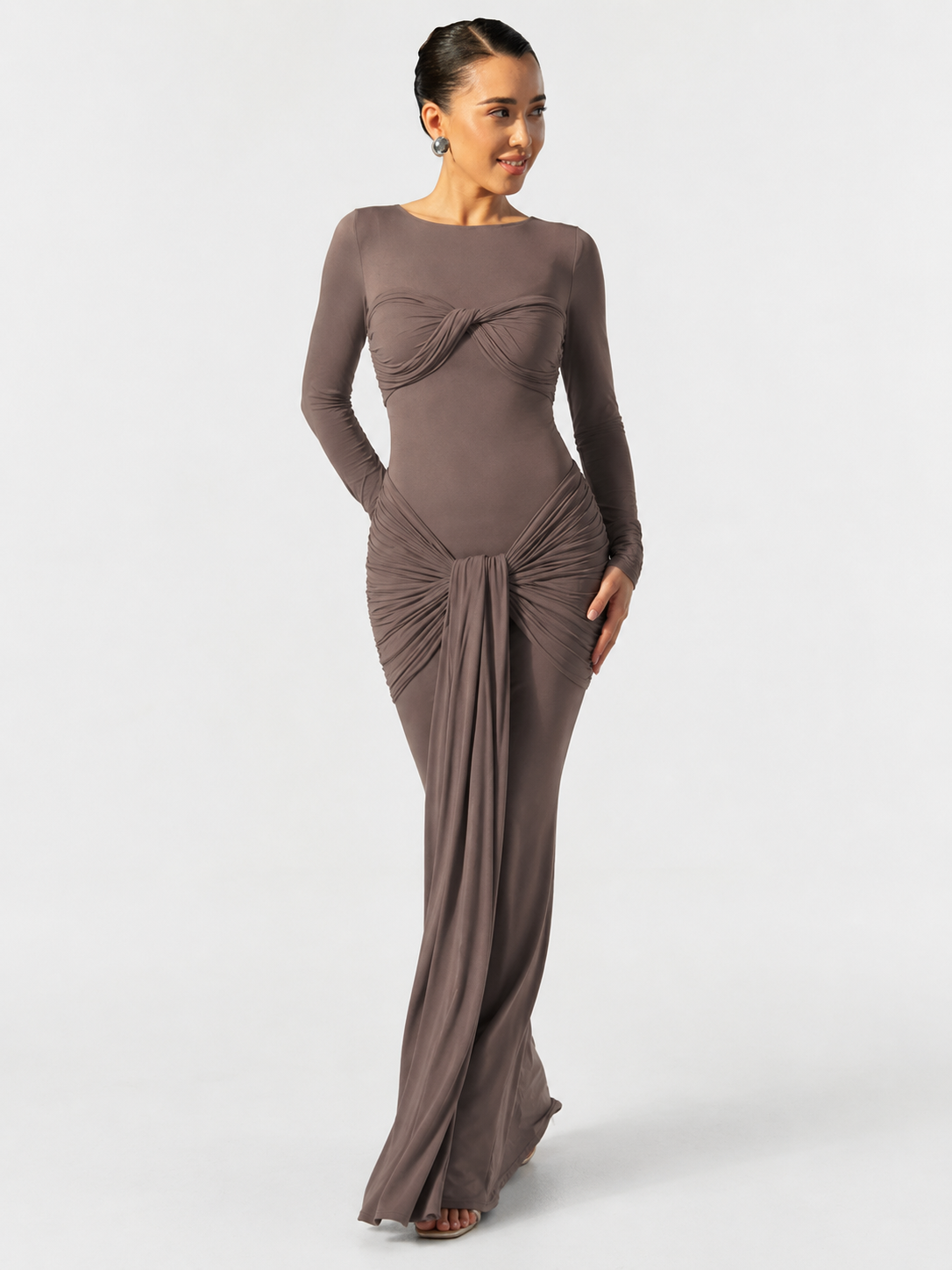 Twist-Front Cut-Out Long-Sleeve Maxi Dress