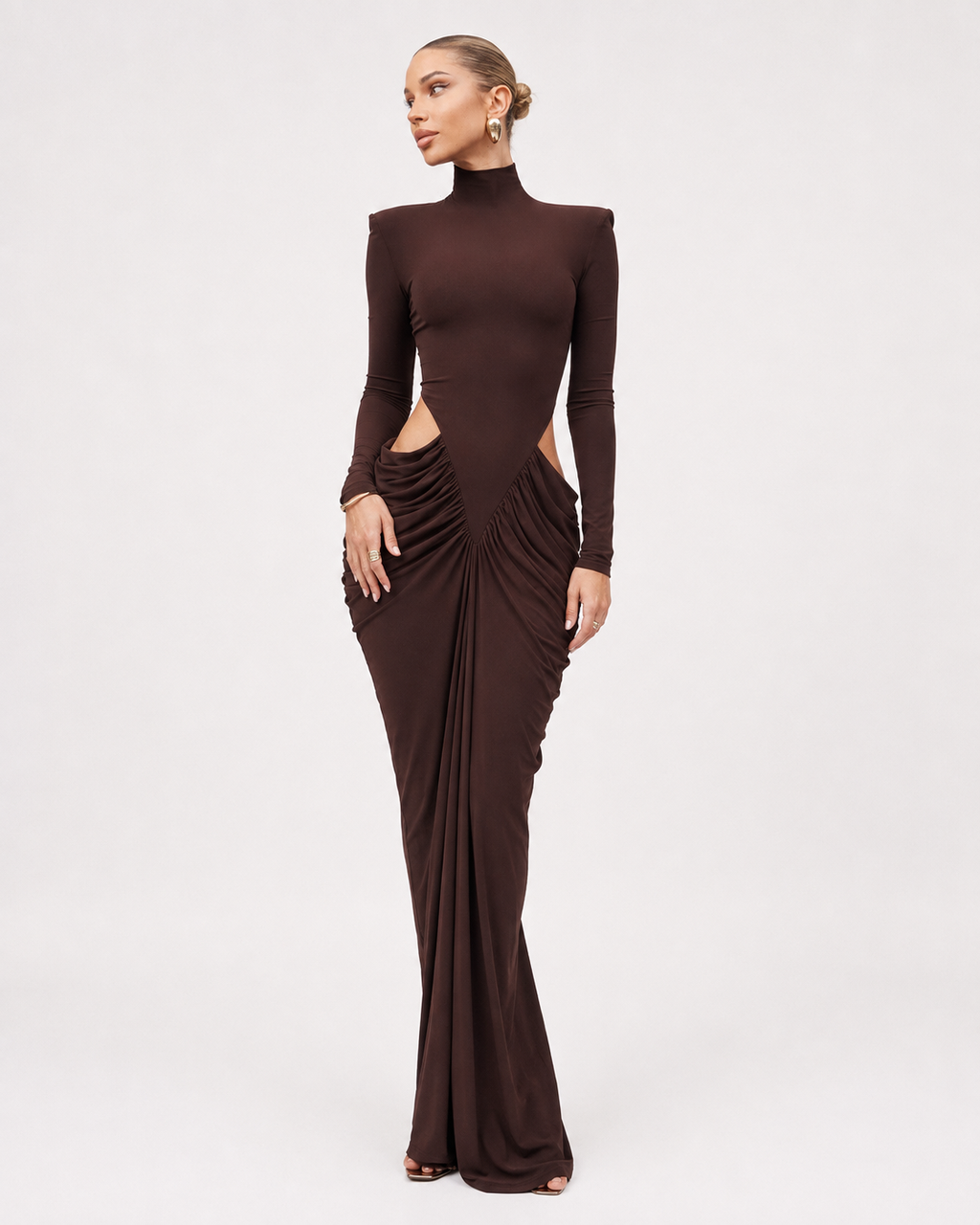 High-Neck Cut-Out Ruched Maxi Dress