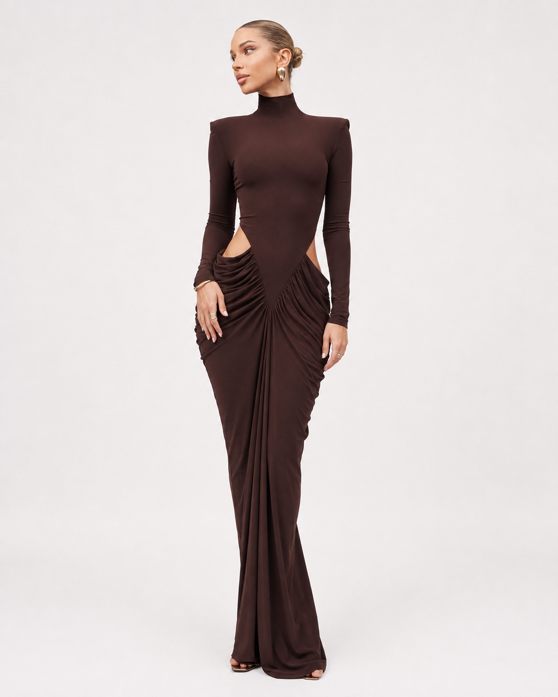 High-Neck Cut-Out Ruched Maxi Dress
