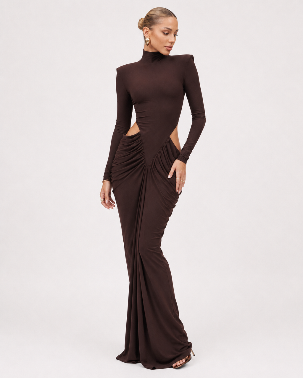 High-Neck Cut-Out Ruched Maxi Dress