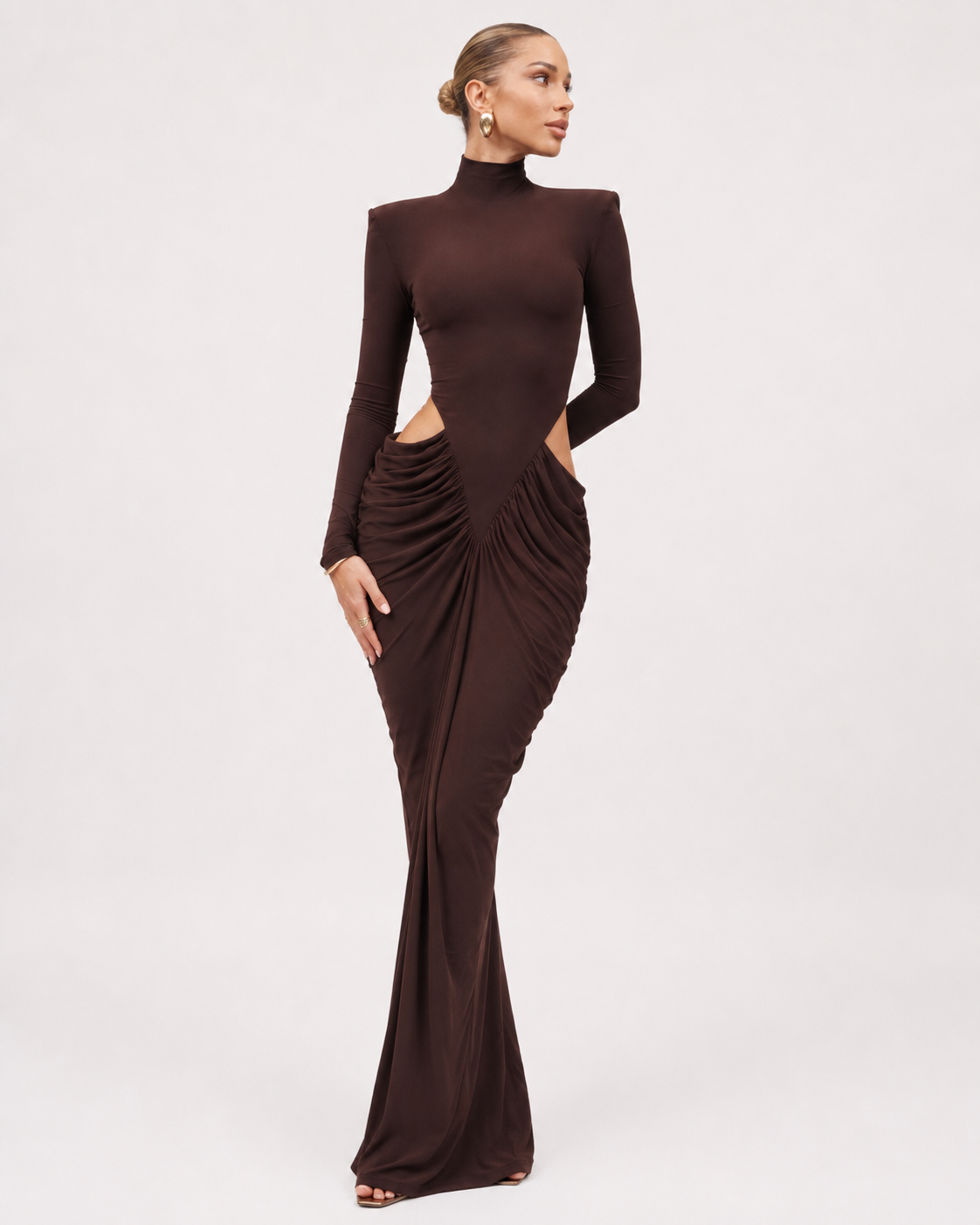 High-Neck Cut-Out Ruched Maxi Dress
