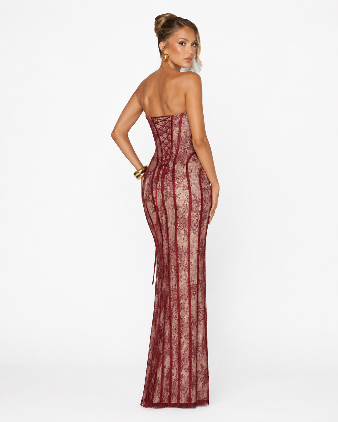 Strapless Lace-Up Back Maxi Dress